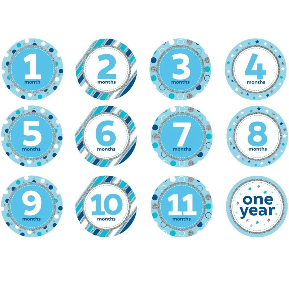 Creative Converting Baby's Blue Glitter Stickers Months (144/case) Baby Showers