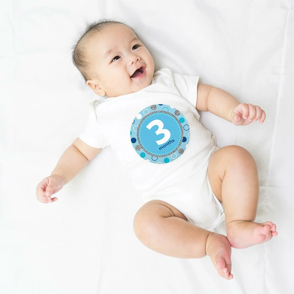 Creative Converting Baby's Blue Glitter Stickers Months (144/case) Baby Showers