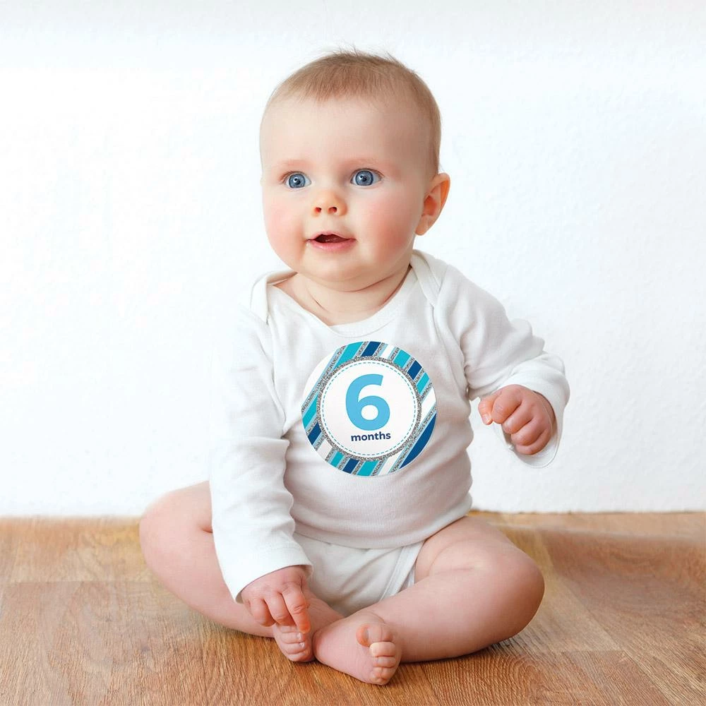 Creative Converting Baby's Blue Glitter Stickers Months (144/case) Baby Showers