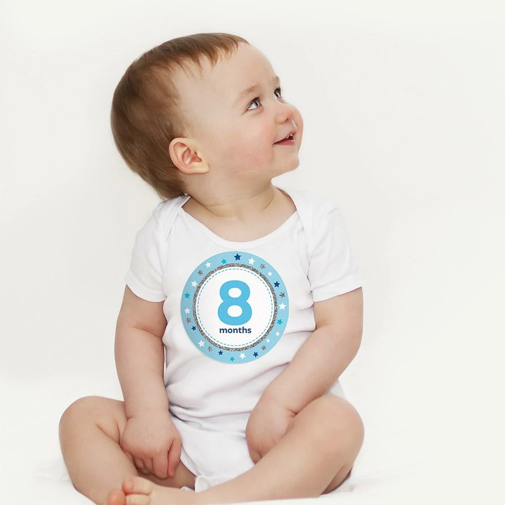 Creative Converting Baby's Blue Glitter Stickers Months (144/case) Baby Showers