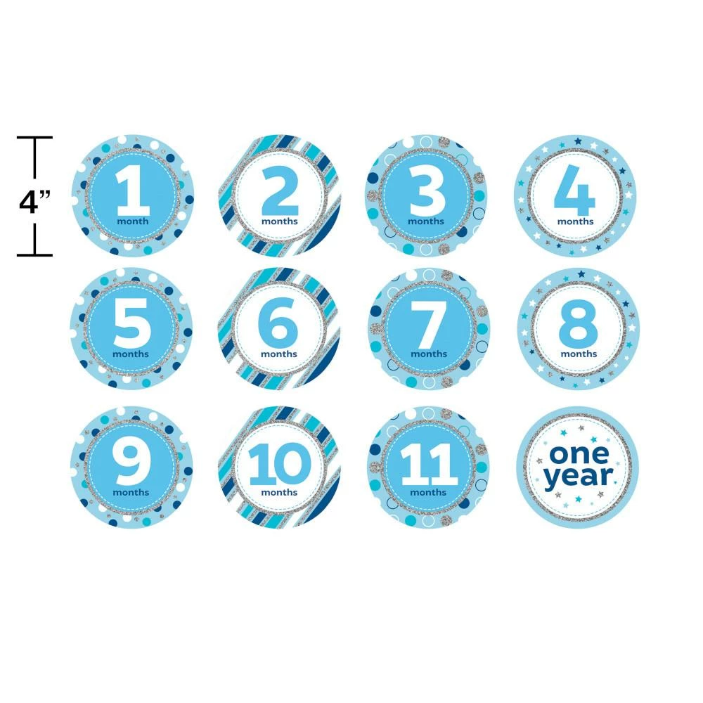 Creative Converting Baby's Blue Glitter Stickers Months (144/case) Baby Showers