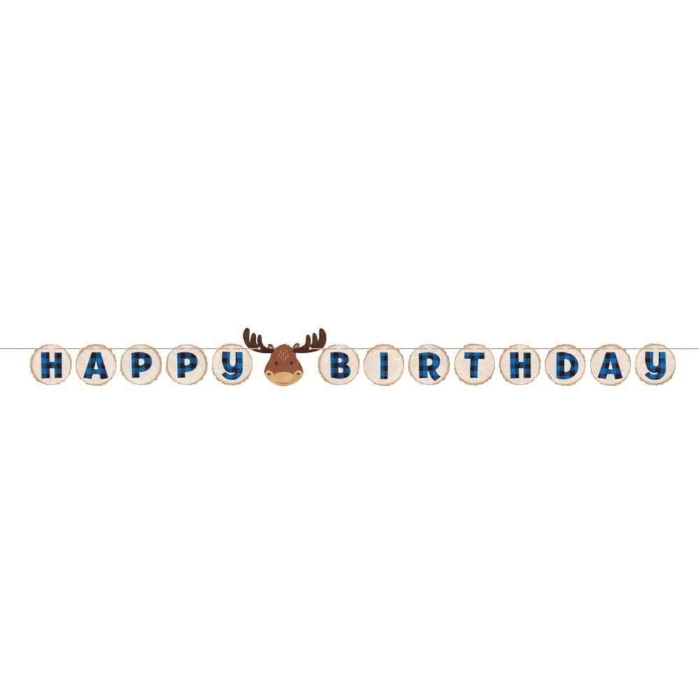 Creative Converting Themed Tableware Blue Buffalo Plaid Moose Happy Birthday Banner