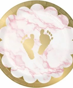 Creative Converting Pink Marble Dessert Plate, Foil, Footprints (8/Pkg) Baby Showers