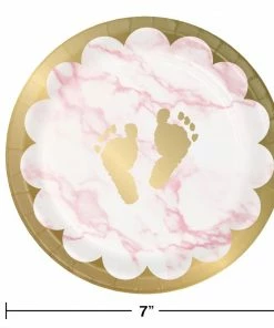 Creative Converting Pink Marble Dessert Plate, Foil, Footprints (8/Pkg) Baby Showers