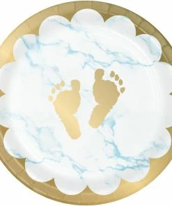 Creative Converting Baby Showers Blue Marble Baby Shower Footprints Dessert Plates, 8 Ct