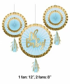 Creative Converting Baby Showers Paper Fans With Tassels, 12" & 8", Blue (3/Pkg)