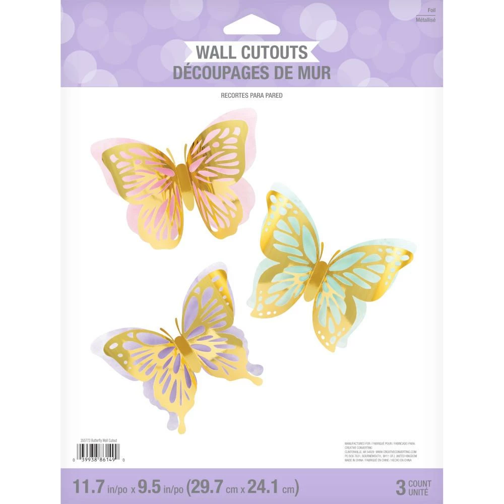Creative Converting Butterfly Shimmer 3D Wall Décor, Foil 3ct