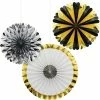 Creative Converting General Decorations Black, Gold, Silver Foil Paper Fans 16", 12", 10", 3ct
