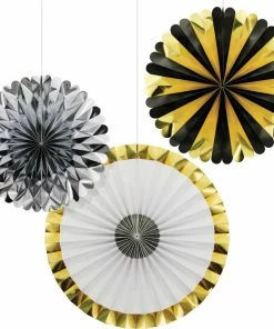 Creative Converting General Decorations Black, Gold, Silver Foil Paper Fans 16", 12", 10", 3ct