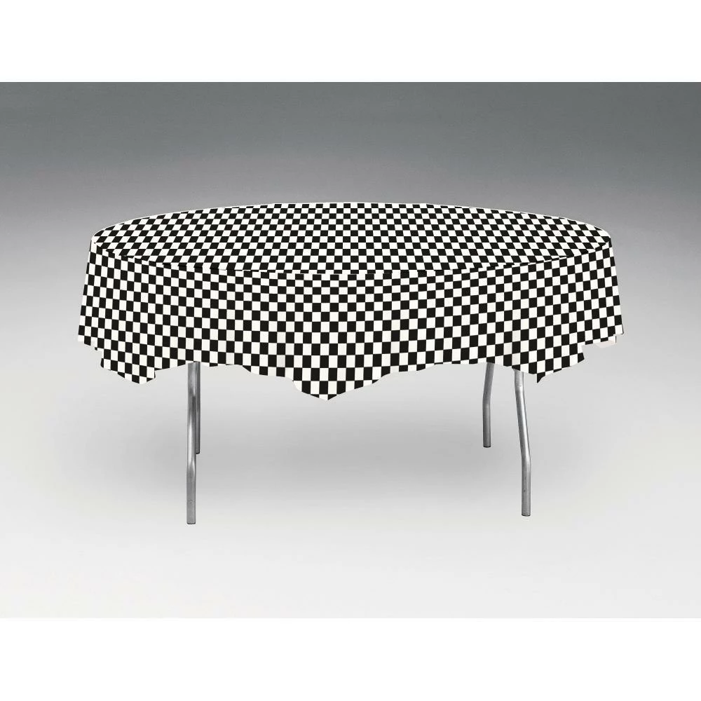 Creative Converting Racing Theme Party Decorations Black Check Tablecover, Octy Round 82" Plastic
