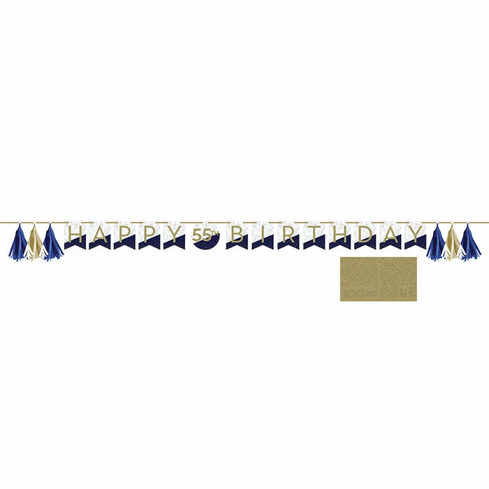 Creative Converting Adult Birthday Party Themes Navy & Gold Milestone Banner With Tassels & Stickers 1ct