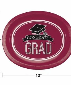 Creative Converting Graduation School Spirit Burgundy Red Oval Platters, 10" X 12", 8 Ct