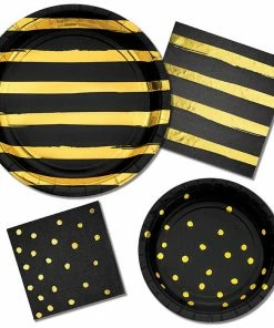 Creative Converting Solid Color Tableware Black And Gold Foil Dot Dessert Plates, 8 Ct