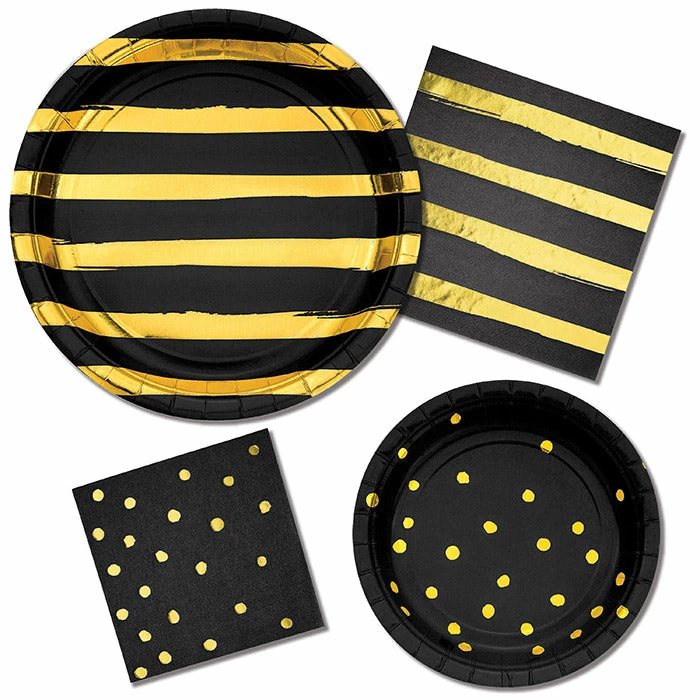Creative Converting Solid Color Tableware Black And Gold Foil Dot Dessert Plates, 8 Ct
