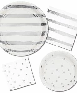 Creative Converting White And Silver Foil Striped Paper Plates, 8 Ct