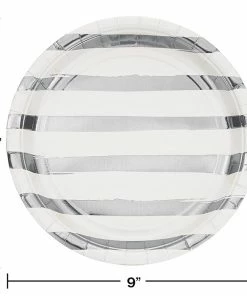 Creative Converting White And Silver Foil Striped Paper Plates, 8 Ct