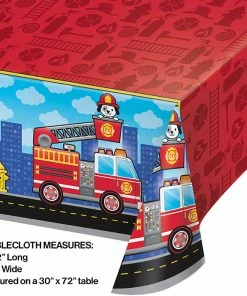 Creative Converting Kids Birthday Party Themes Flaming Fire Truck Plastic Tablecover All Over Print, 54" X 102"
