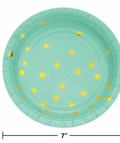 Creative Converting Fresh Mint Green And Gold Foil Dot Dessert Plates, 8 Ct