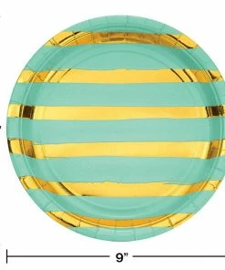 Creative Converting Fresh Mint Green And Gold Foil Striped Paper Plates, 8 Ct Solid Color Tableware