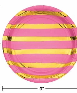 Creative Converting Candy Pink And Gold Foil Striped Paper Plates, 8 Ct