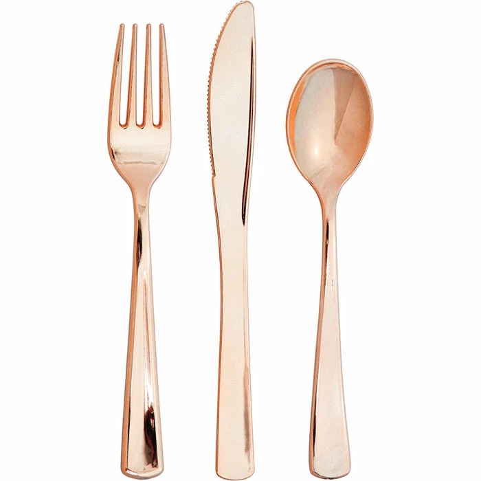 Creative Converting Solid Color Tableware Assorted Cutlery, Metallic Rosegold, 24 Ct