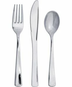 Creative Converting Solid Color Tableware Assorted Cutlery, Metallic Silver, 24 Ct