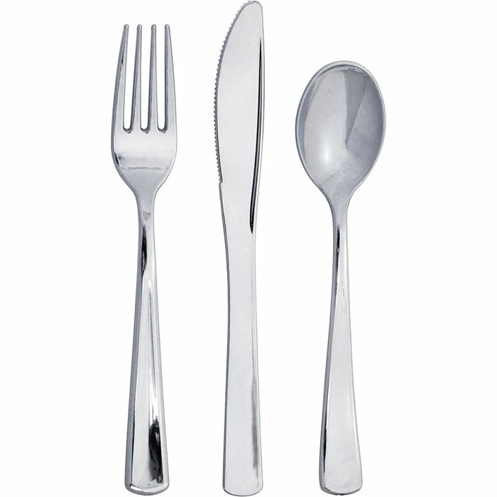 Creative Converting Solid Color Tableware Assorted Cutlery, Metallic Silver, 24 Ct