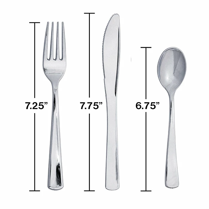 Creative Converting Solid Color Tableware Assorted Cutlery, Metallic Silver, 24 Ct