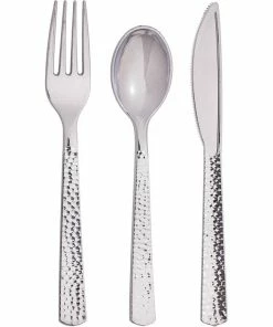 Creative Converting Solid Color Tableware Assorted Cutlery, Silver Hammered, 24 Ct