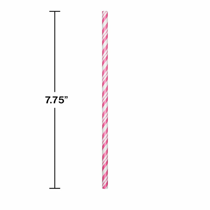 Creative Converting Solid Color Tableware Candy Pink Striped Paper Straws, 24 Ct