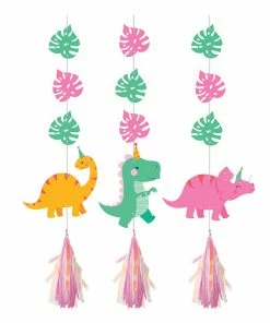 Creative Converting Girl Dino Party Hanging Cutouts W/ Tassles, Iridescent 3ct