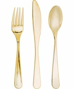 Creative Converting Solid Color Tableware Gold Assorted Plastic Cutlery, 24 Ct