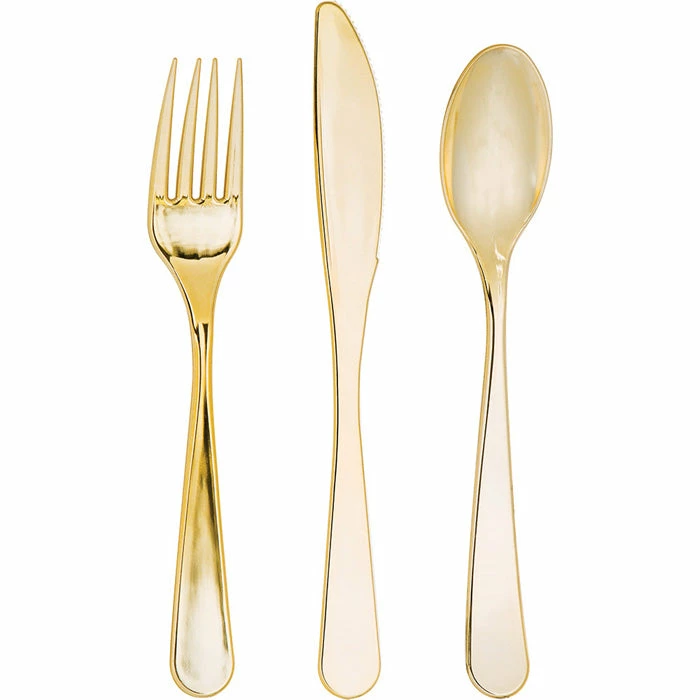 Creative Converting Solid Color Tableware Gold Assorted Plastic Cutlery, 24 Ct