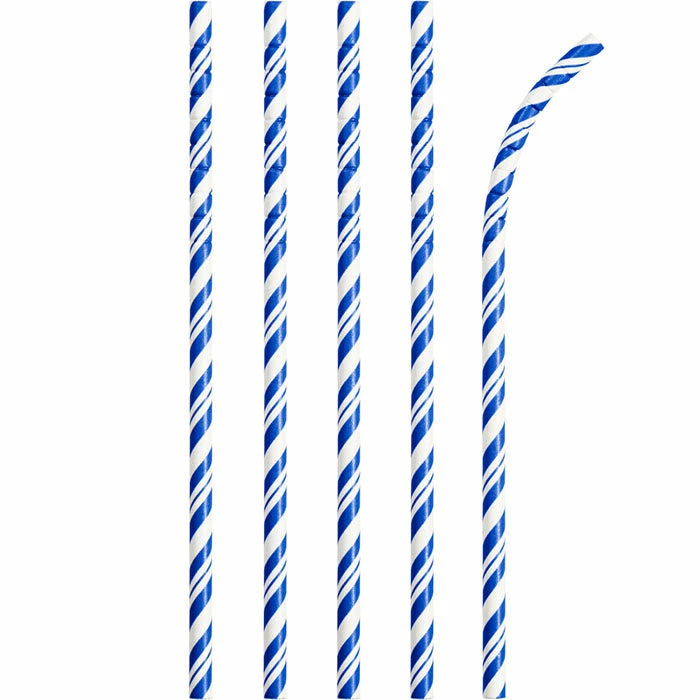 Creative Converting Solid Color Tableware Cobalt Blue Striped Paper Straws, 24 Ct