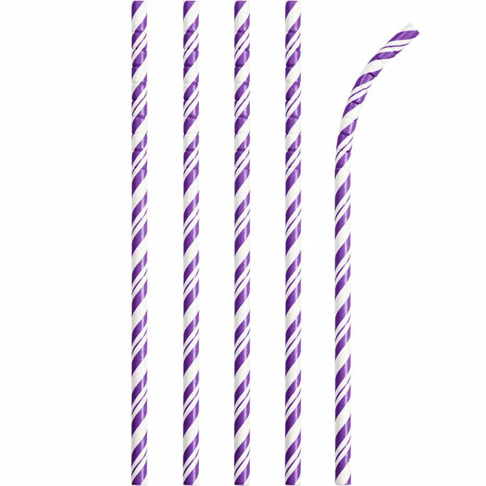 Creative Converting Amethyst Purple Striped Paper Straws, 24 Ct
