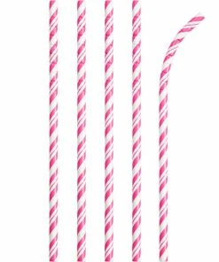 Creative Converting Solid Color Tableware Candy Pink Striped Paper Straws, 24 Ct