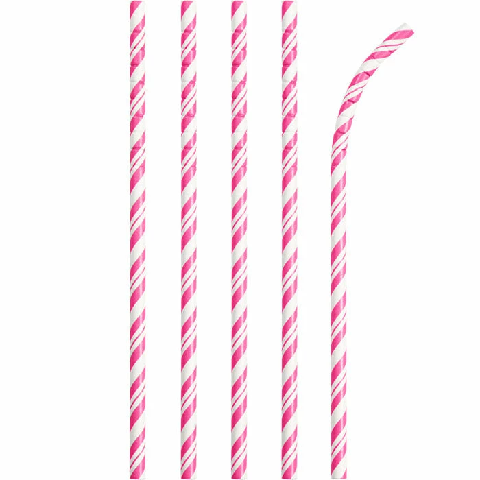 Creative Converting Solid Color Tableware Candy Pink Striped Paper Straws, 24 Ct