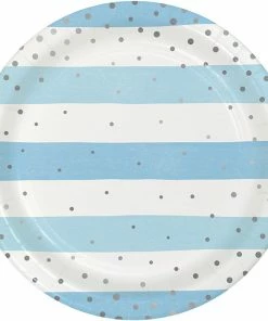 Creative Converting 1st Birthday Party Themes Blue Silver Celebration Dinner Plate, Foil, Stripes 8ct