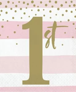 Creative Converting Pink Gold Celebration Luncheon Napkin, 1St Birthday 16ct