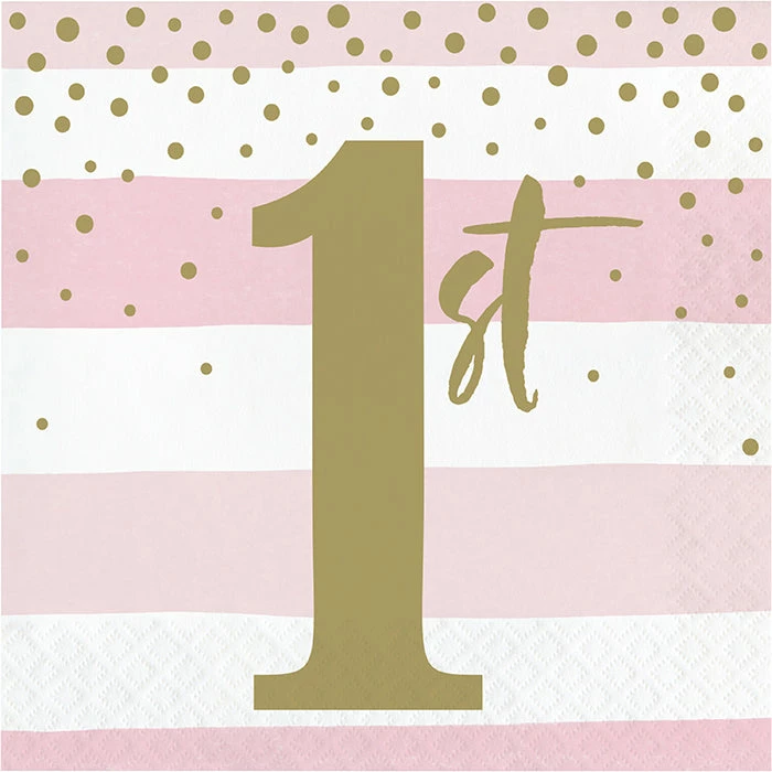 Creative Converting Pink Gold Celebration Luncheon Napkin, 1St Birthday 16ct