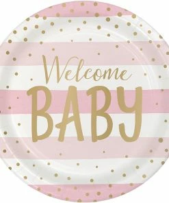 Creative Converting Pink Gold Celebration Dinner Plate, Foil, Welcome Baby 8ct
