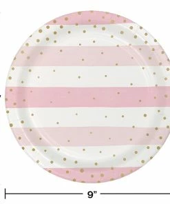 Creative Converting 1st Birthday Party Themes Pink Gold Celebration Dinner Plate, Foil, Stripes 8ct
