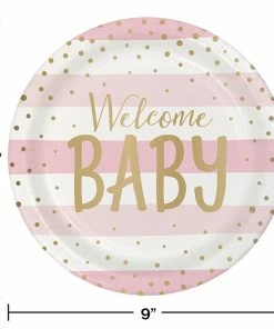 Creative Converting Pink Gold Celebration Dinner Plate, Foil, Welcome Baby 8ct