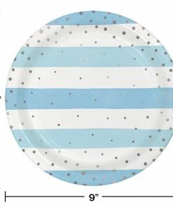 Creative Converting 1st Birthday Party Themes Blue Silver Celebration Dinner Plate, Foil, Stripes 8ct