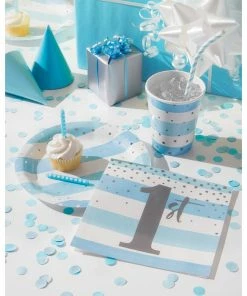 Creative Converting Blue Silver Celebration Luncheon Napkin, Stripes 16ct