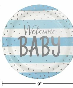 Creative Converting 1st Birthday Party Themes Blue Silver Celebration Dinner Plate, Foil, Welcome Baby 8ct