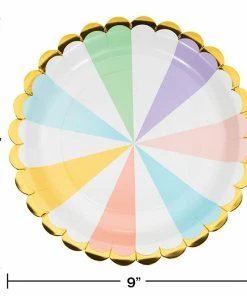 Creative Converting Pastel Celebrations Dinner Plate, Scallop Shaped, Foil 8ct Themed Tableware