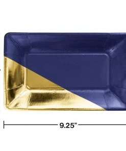 Creative Converting Solid Color Tableware Navy And Gold Foil Rectangular Paper Plates By Elise, 8 Ct