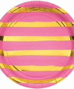 Creative Converting Candy Pink And Gold Foil Striped Paper Plates, 8 Ct