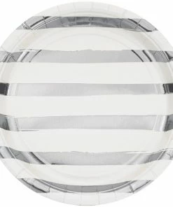 Creative Converting White And Silver Foil Striped Paper Plates, 8 Ct